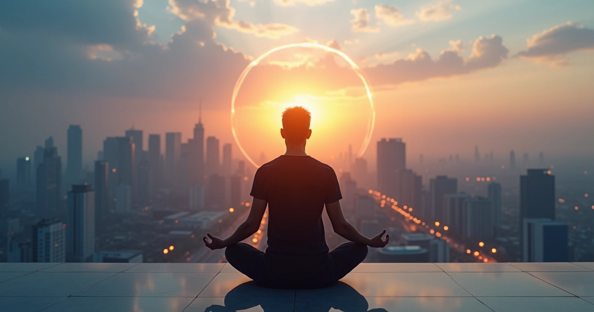 Persona meditando al amanecer sobre una ciudad moderna 