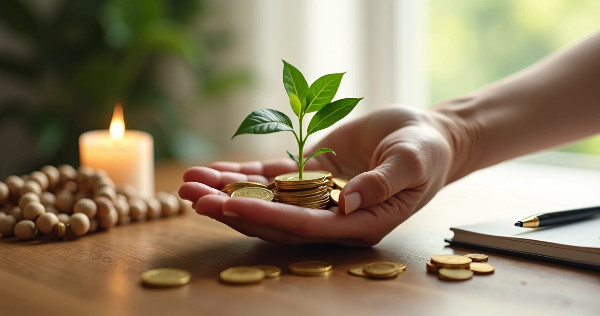 Manos sosteniendo una planta y monedas simbolizando equilibrio entre espiritualidad y dinero 