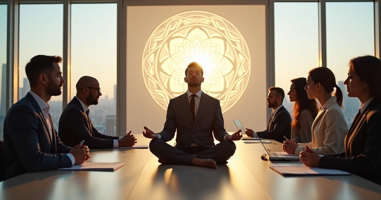 Directivo meditando en una sala de reuniones moderna 