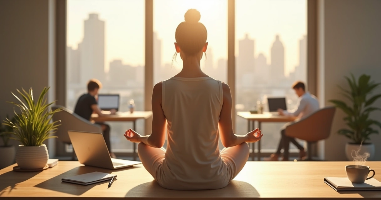 Persona meditando en escritorio de oficina moderna con luz natural 