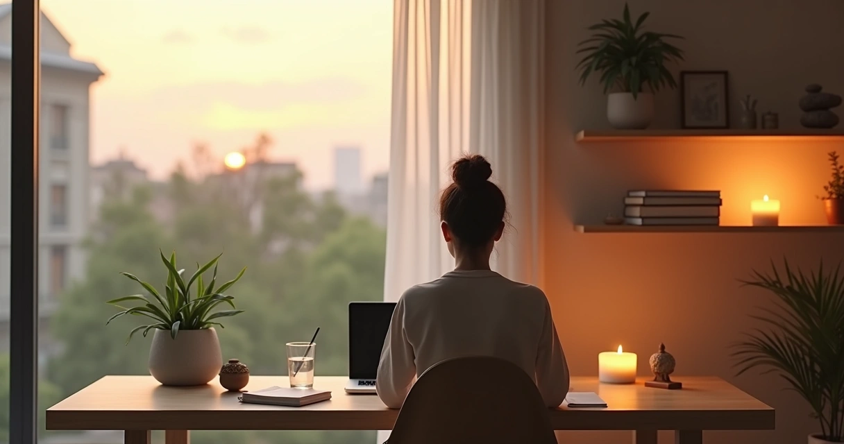 Persona trabajando en remoto con entorno espiritual y sereno 