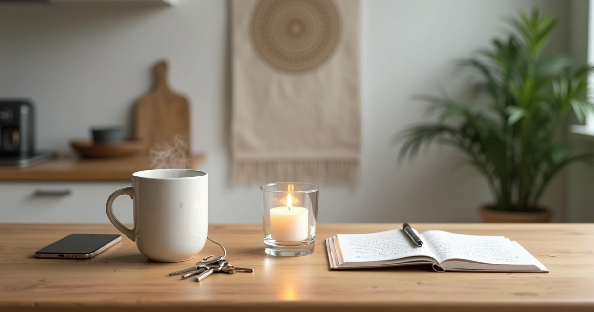 Mesa sencilla con objetos cotidianos y símbolo sutil de espiritualidad práctica 