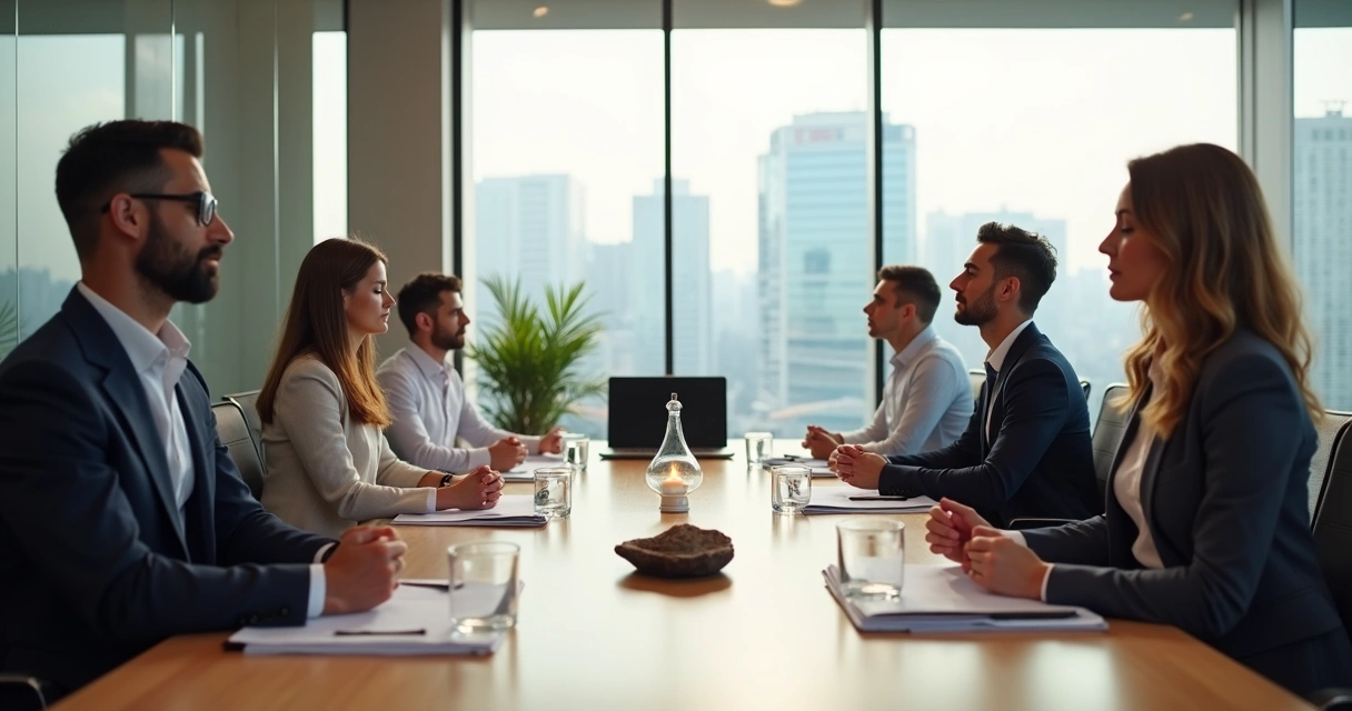 Executivos em reunião meditando em sala de reunião moderna com luz natural 