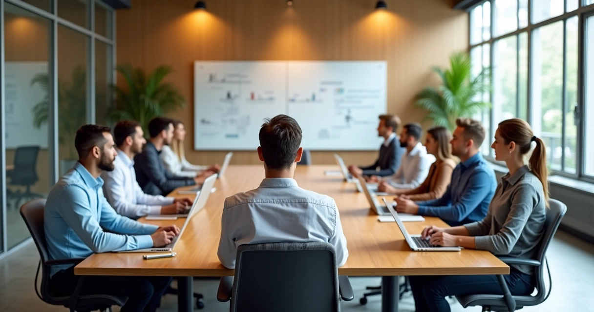 Profissionais em escritório moderno meditando em círculo ao redor de uma mesa de trabalho 