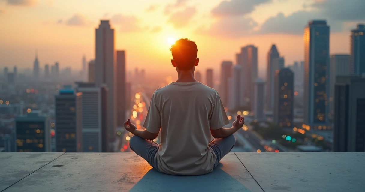Pessoa meditando em meio à cidade movimentada ao pôr do sol 