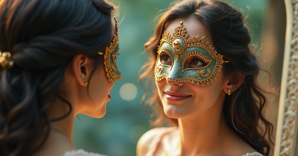 Pessoa usando máscara diante de um espelho com fundo etéreo e luz suave.