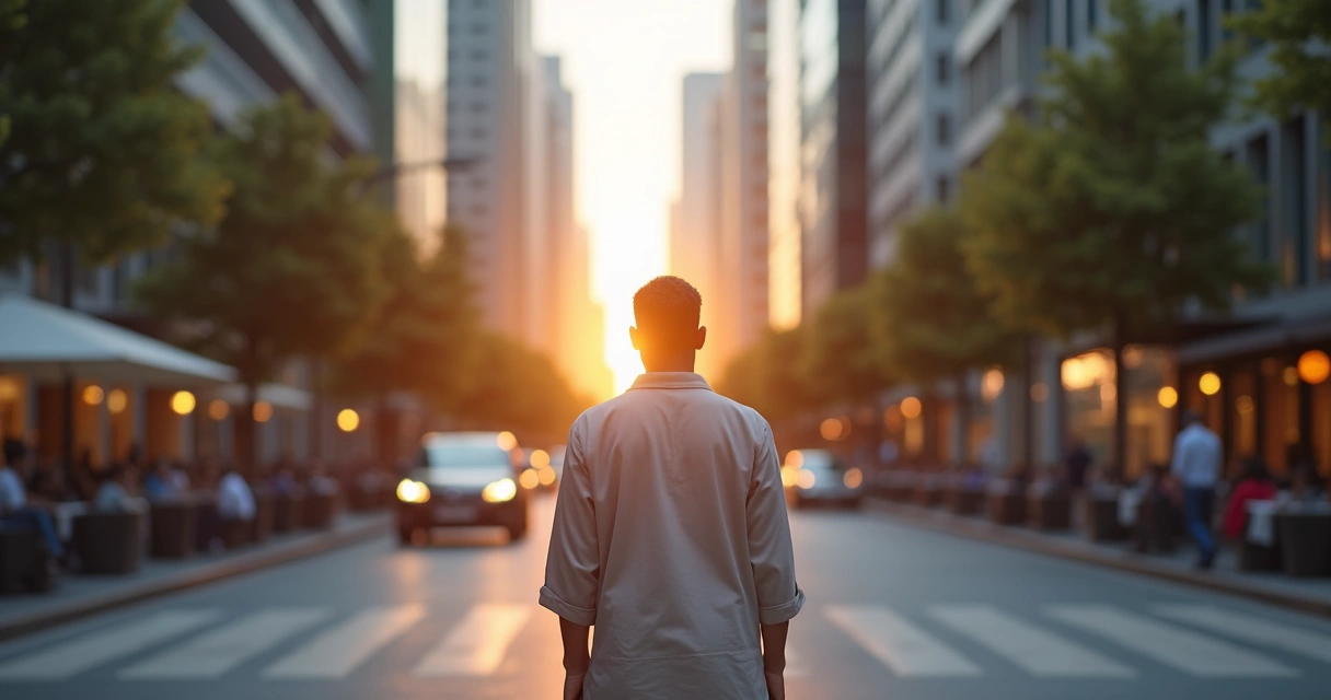 Pessoa caminhando em cidade moderna com linha de luz conectando mente e coração 