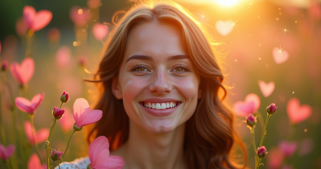 Pessoa sorridente cercada de flores e aura brilhante 
