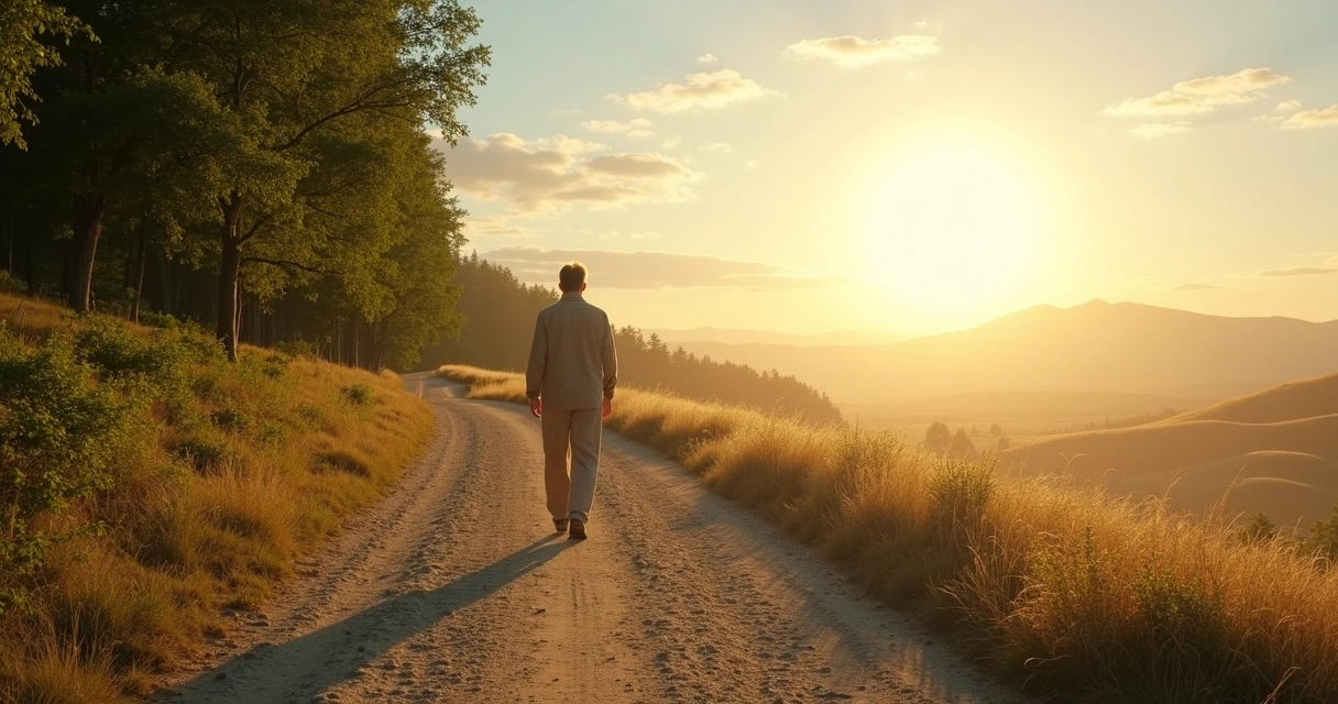 Pessoa caminhando em trilha entre floresta e horizonte iluminado simbolizando autoconhecimento e espiritualidade prática 