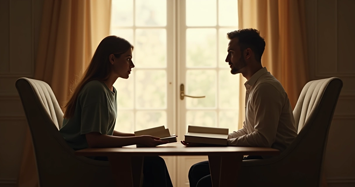 Duas pessoas sentadas frente a frente em uma sala iluminada, conversando profundamente, com livros abertos em uma mesa
