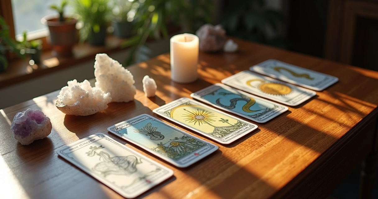 Mesa de madeira, cartas ciganas, cristais, luz suave, ambiente meditativo 