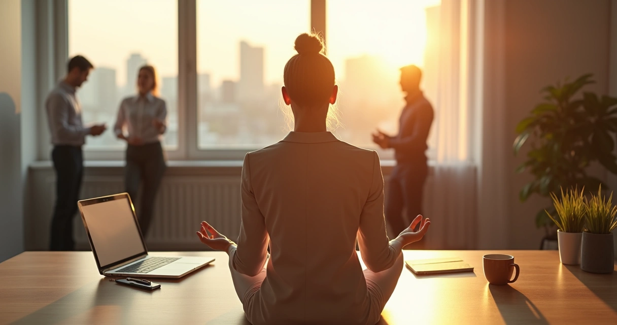 Profissional em escritório moderno meditando na mesa de trabalho 
