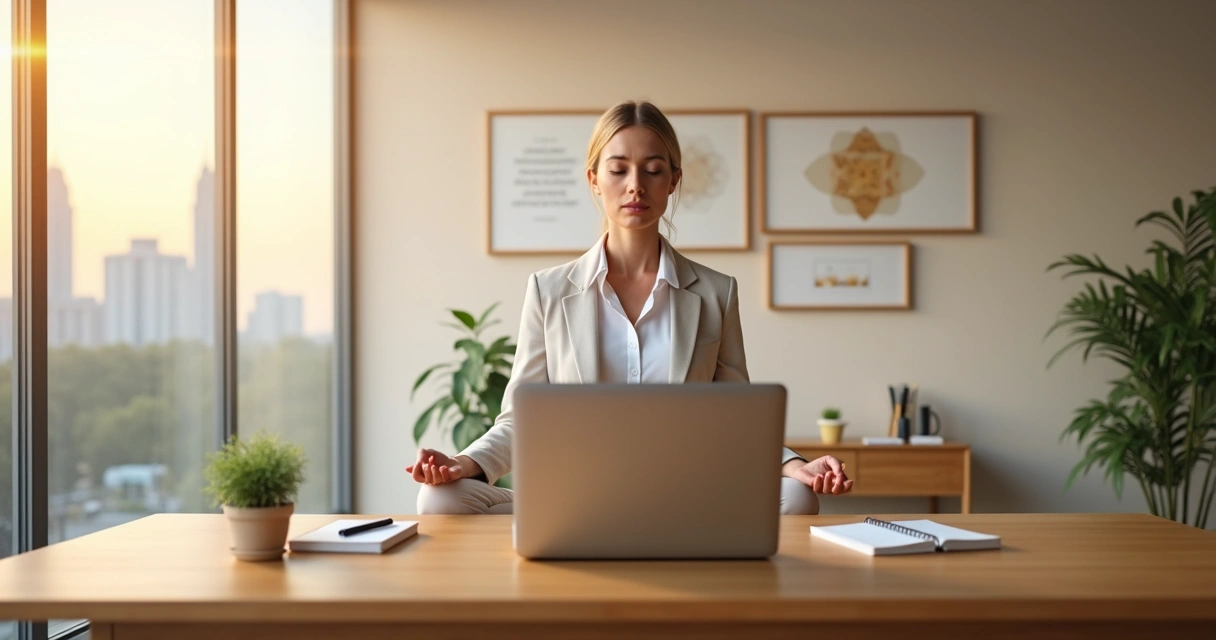 Profissional meditando em mesa de trabalho moderna com símbolos sutis de espiritualidade ao fundo 