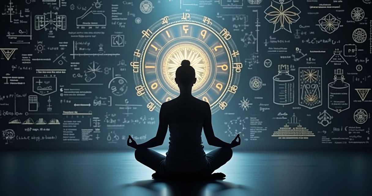 Silhueta meditando diante de fórmulas científicas em equilíbrio 