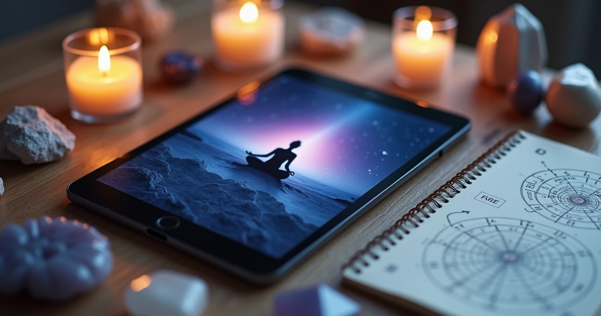 Tablet exibindo aplicação de meditação, cristais e velas ao redor