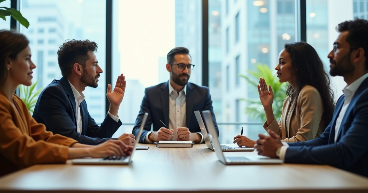 Reunião de trabalho com mediação calma em escritório moderno 