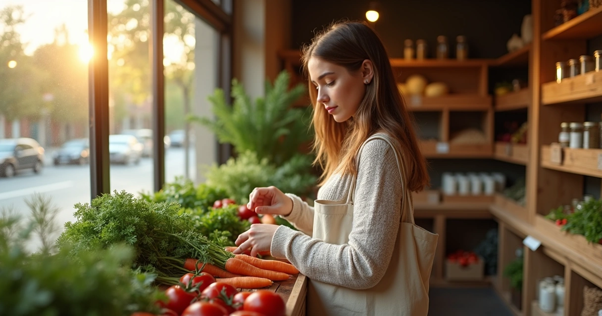Pessoa escolhendo alimentos sustentáveis em mercado com atmosfera de calma e conexão espiritual 