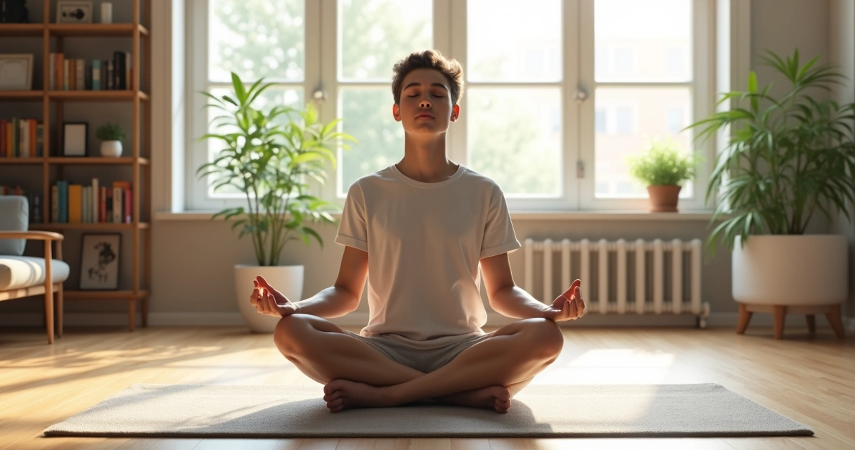 Pessoa meditando em ambiente moderno com luz natural, rodeado de livros e plantas 