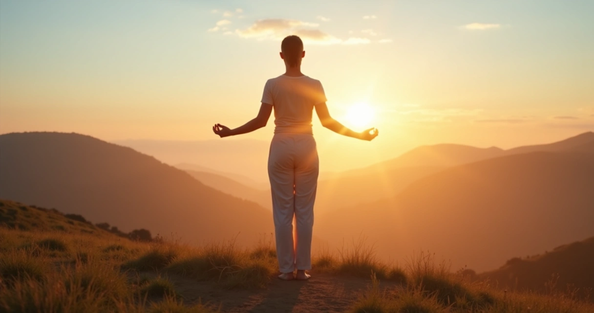 Pessoa em pé ao nascer do sol unindo corpo e luz em paisagem natural serena 
