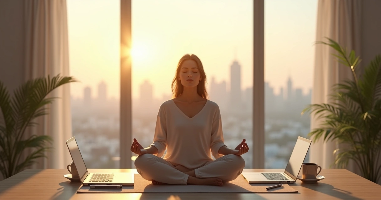 Profissional sentado à mesa de trabalho meditando diante da janela da cidade 