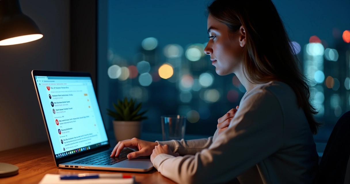 Pessoa em frente ao computador lendo comentários críticos com postura calma e consciente 