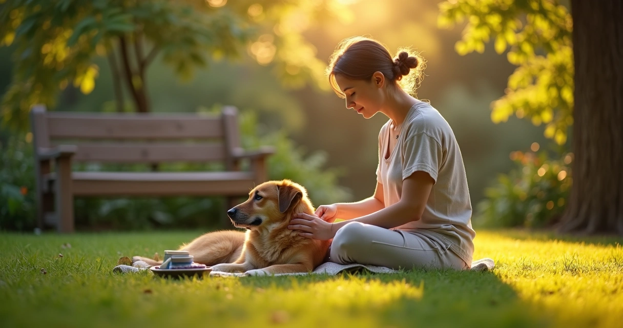 Pessoa sentada em jardim acariciando cão com expressão de cuidado e serenidade 