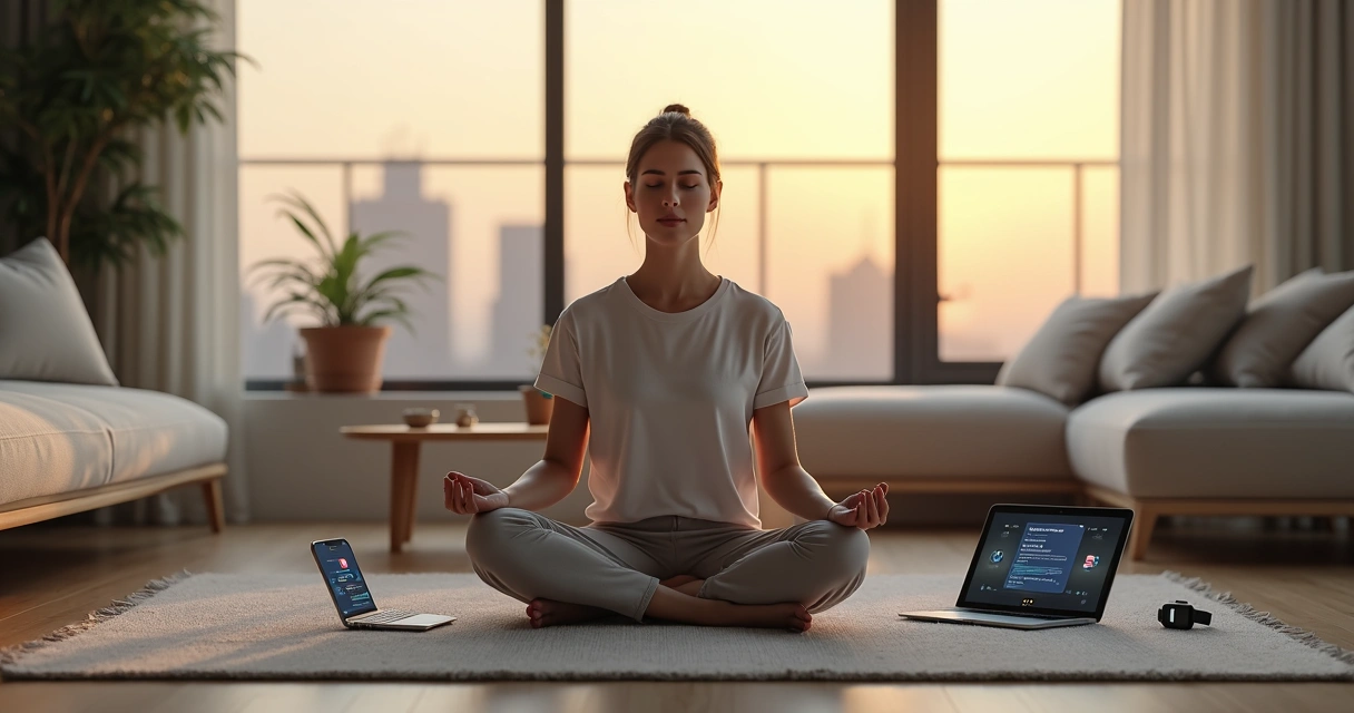 Pessoa meditando em sala moderna com celular e notificações ao redor 