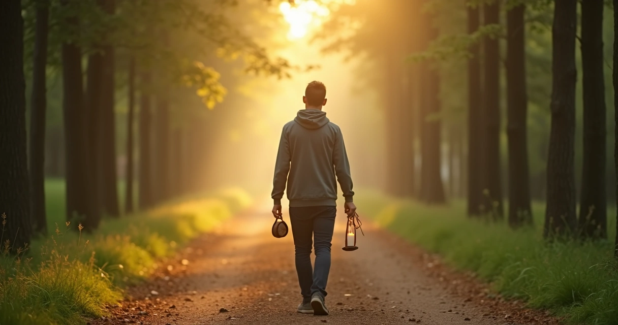 Pessoa caminhando em trilha aberta, segurando vela acesa em uma mão e moedas na outra, simbolizando equilíbrio entre espiritualidade e dinheiro