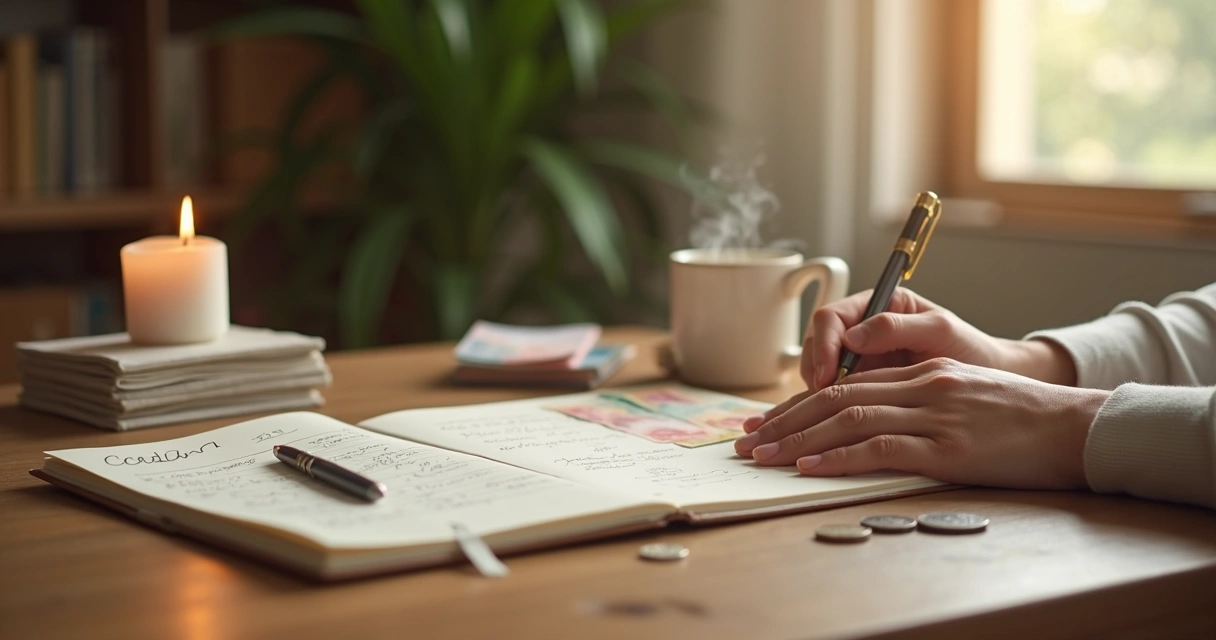 Pessoa em mesa com dinheiro e vela acesa refletindo sobre finanças 