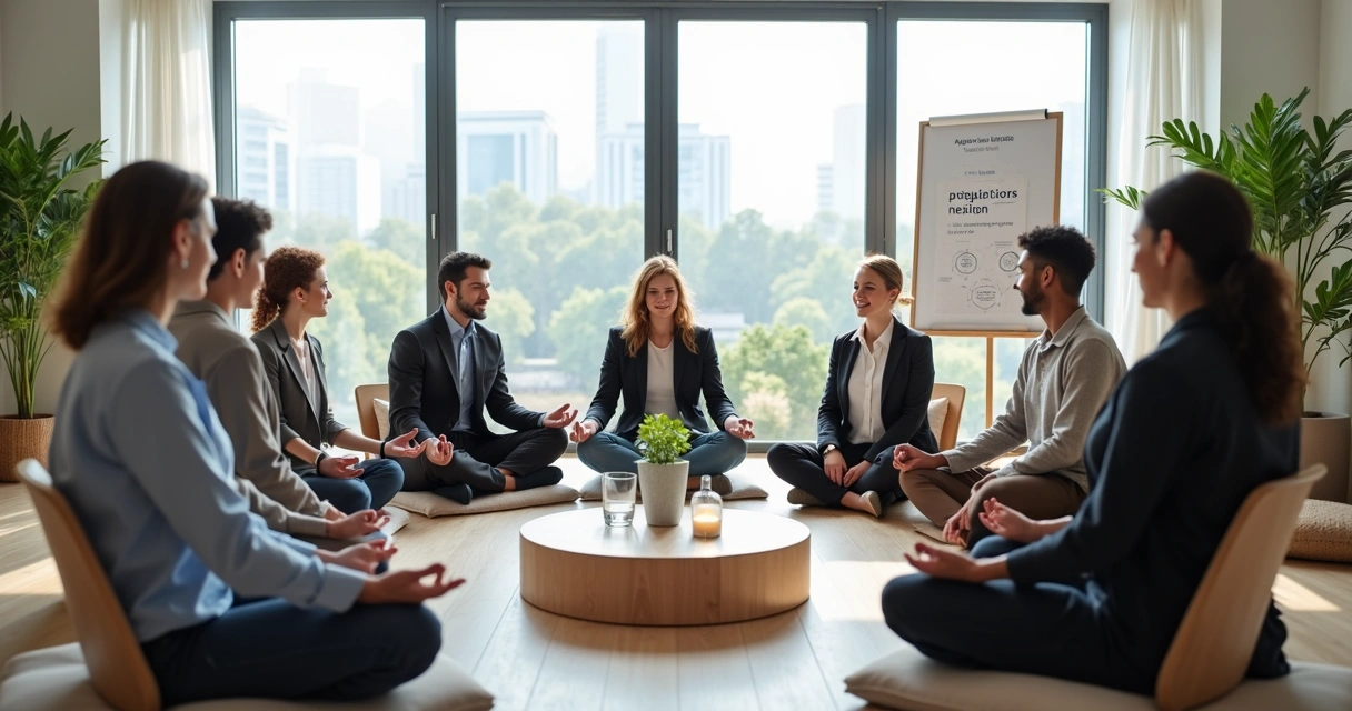 Equipe diversa em escritório moderno meditando em círculo com clima de harmonia e foco 