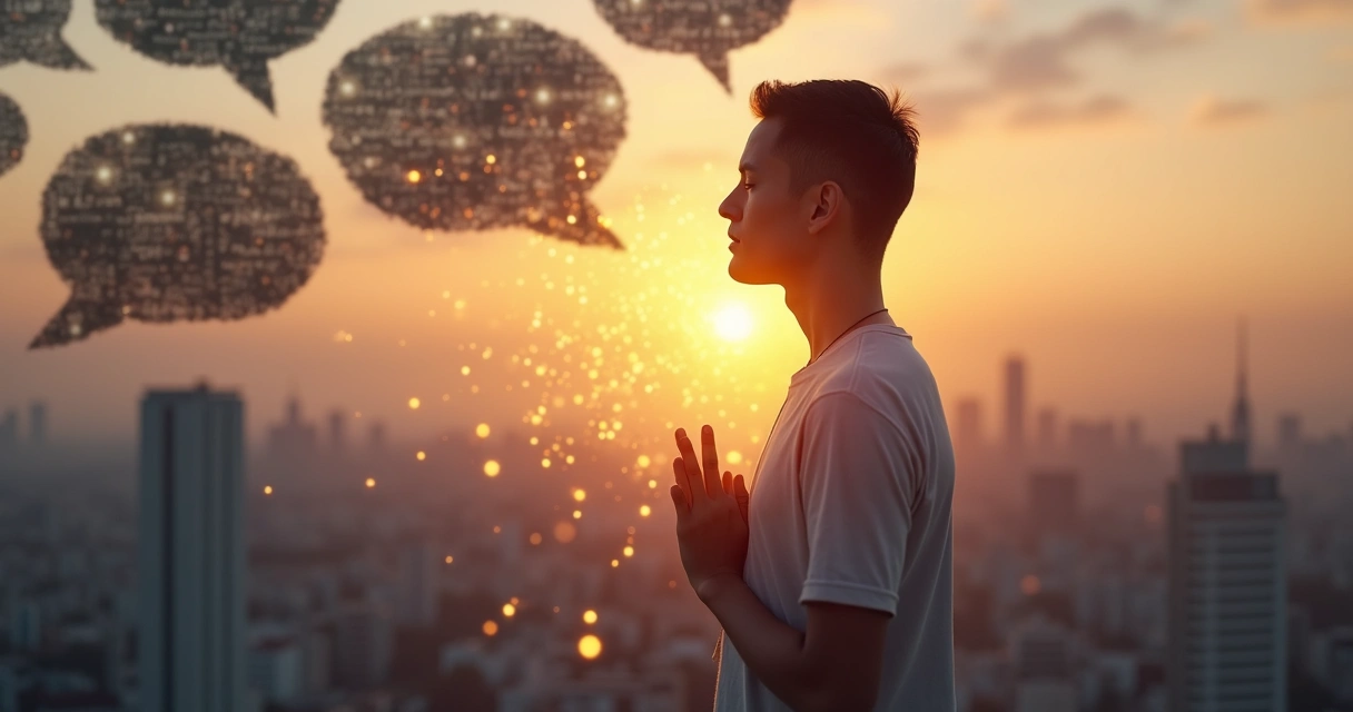 Pessoa serena meditando em pé recebendo críticas transformadas em luz 