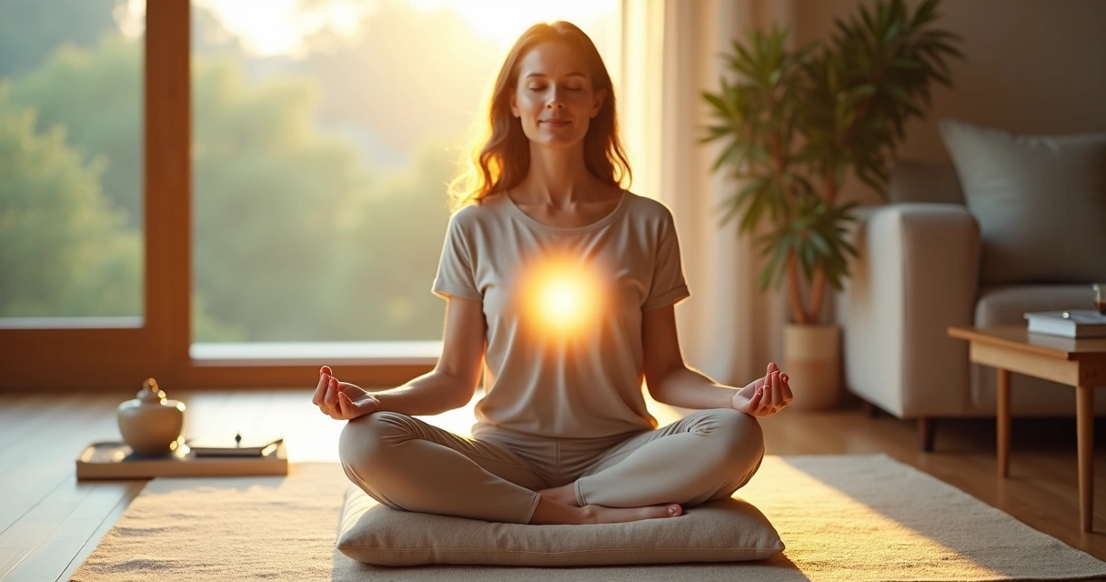 Pessoa meditando em casa com luz suave e aura de cores calmas ao redor do peito 
