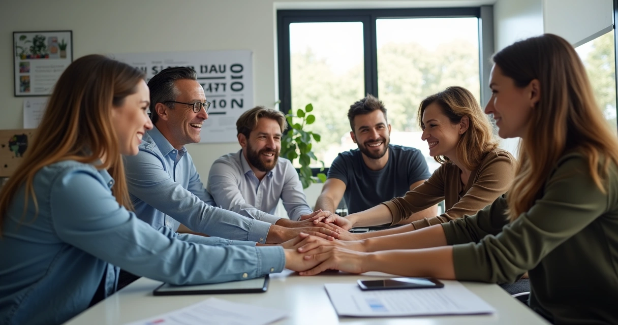Equipe diversa com mãos unidas no centro, demonstrando união e propósito 
