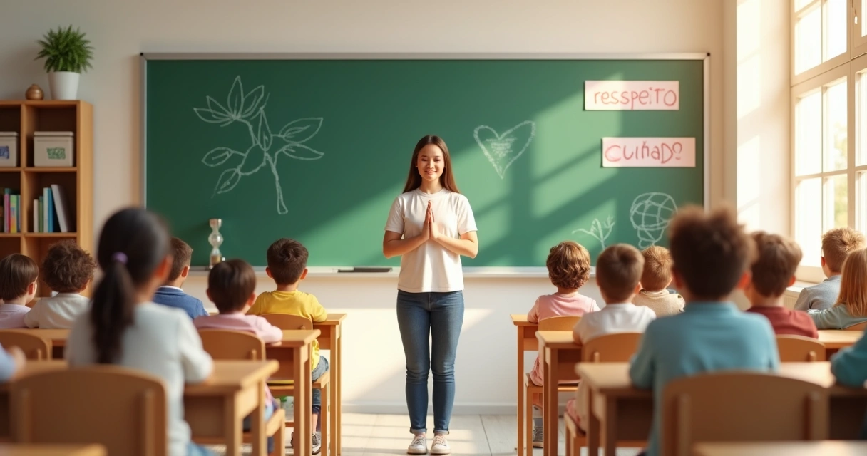 Professor conduzindo momento de silêncio com alunos em sala de aula iluminada 