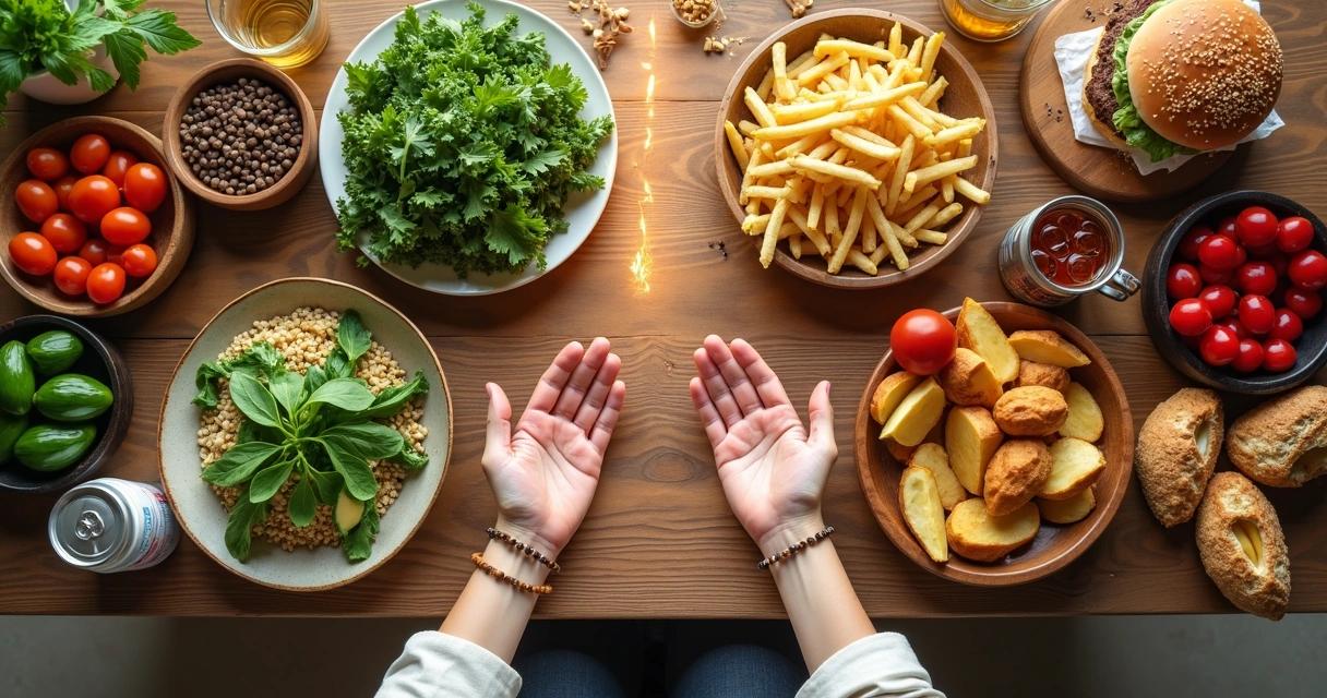 Pessoa escolhendo alimentos naturais em uma mesa dividida entre opções saudáveis e ultraprocessadas 