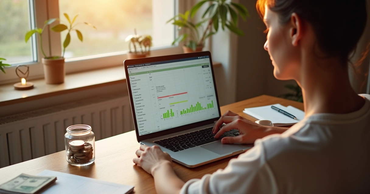 Pessoa meditando diante de planilha financeira com símbolo de coração e balança de justiça 