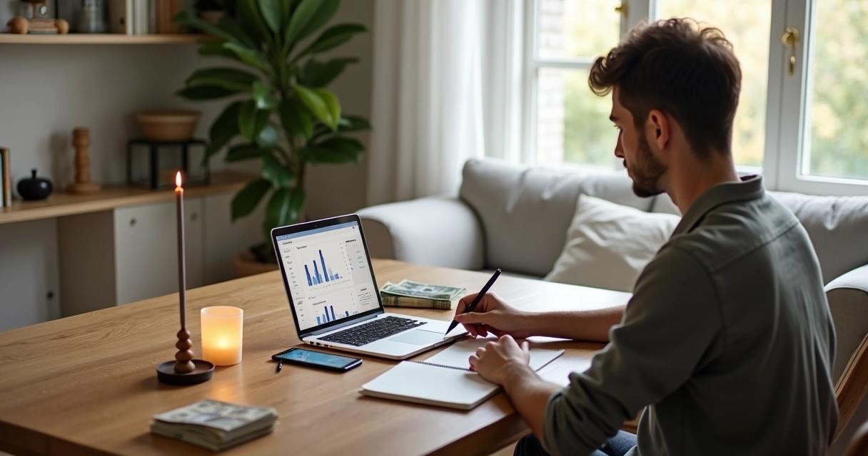 Pessoa avaliando finanças com símbolo de espiritualidade ao fundo 