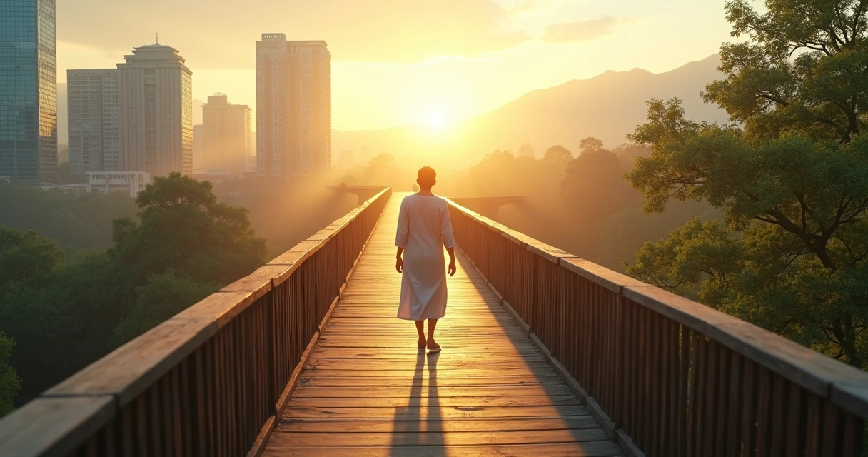 Pessoa caminhando em passarela elevada entre cidade moderna e natureza ao nascer do sol 