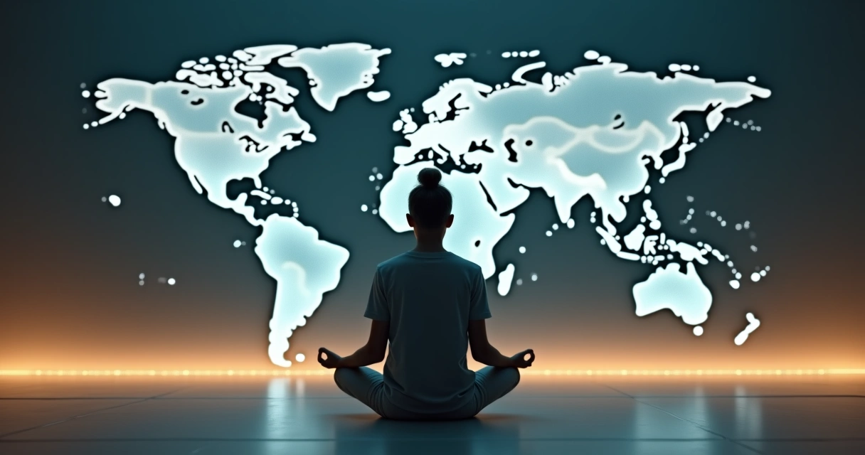 Pessoa em meditação diante de mapa-múndi luminoso representando ética global 