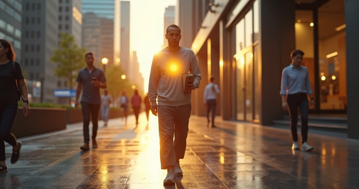 Pessoa caminhando em cidade ao amanhecer com luz interior sutil 