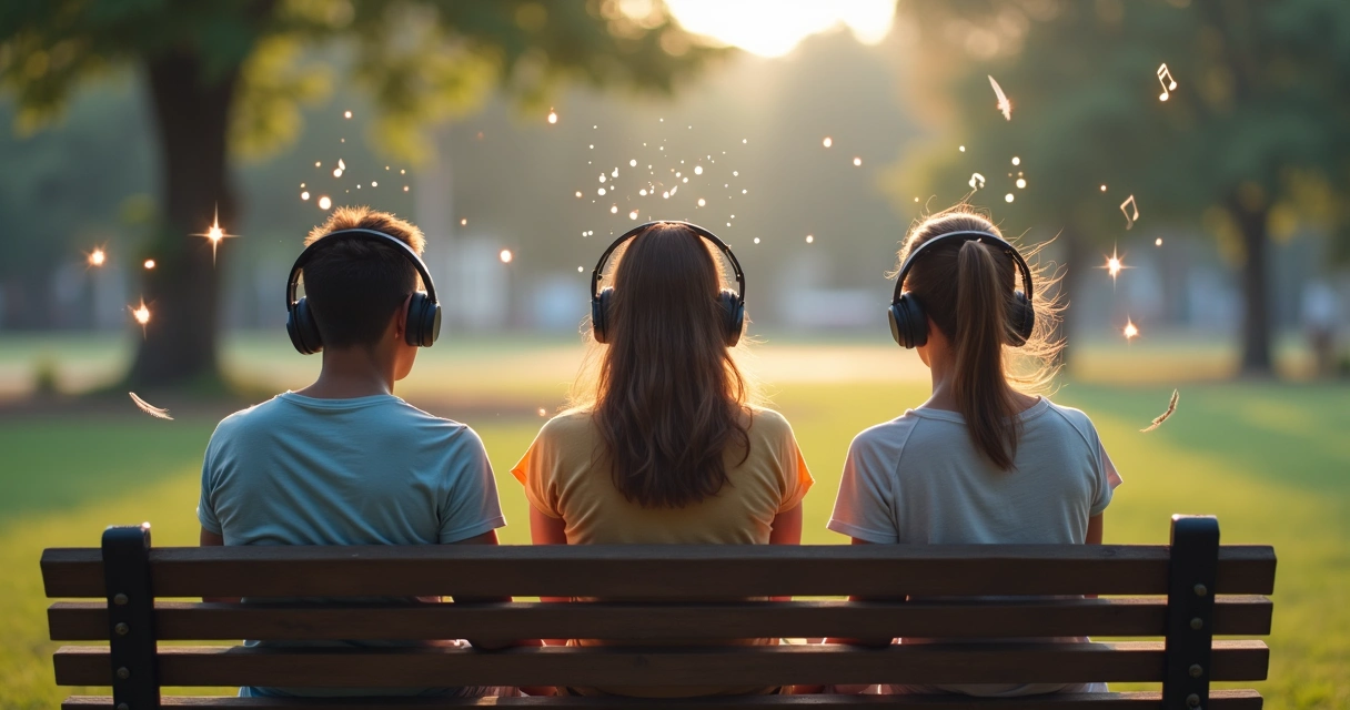 Pessoas ouvindo música com fones de ouvido e símbolos espirituais em volta 