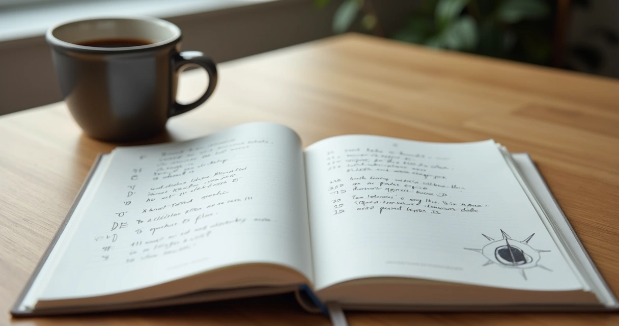 Copo de café, agenda aberta com listas de tarefas e símbolo espiritual discreto desenhado em uma folha.