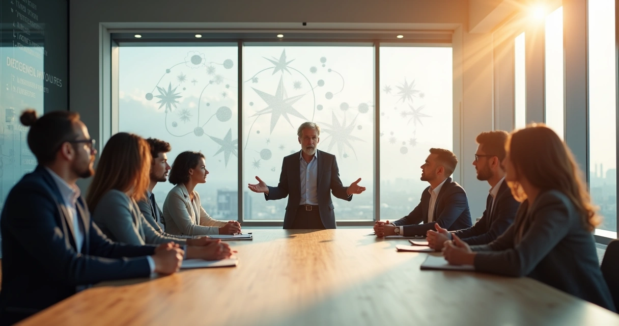 Líder em reunião corporativa com luz suave simbolizando espiritualidade no trabalho 