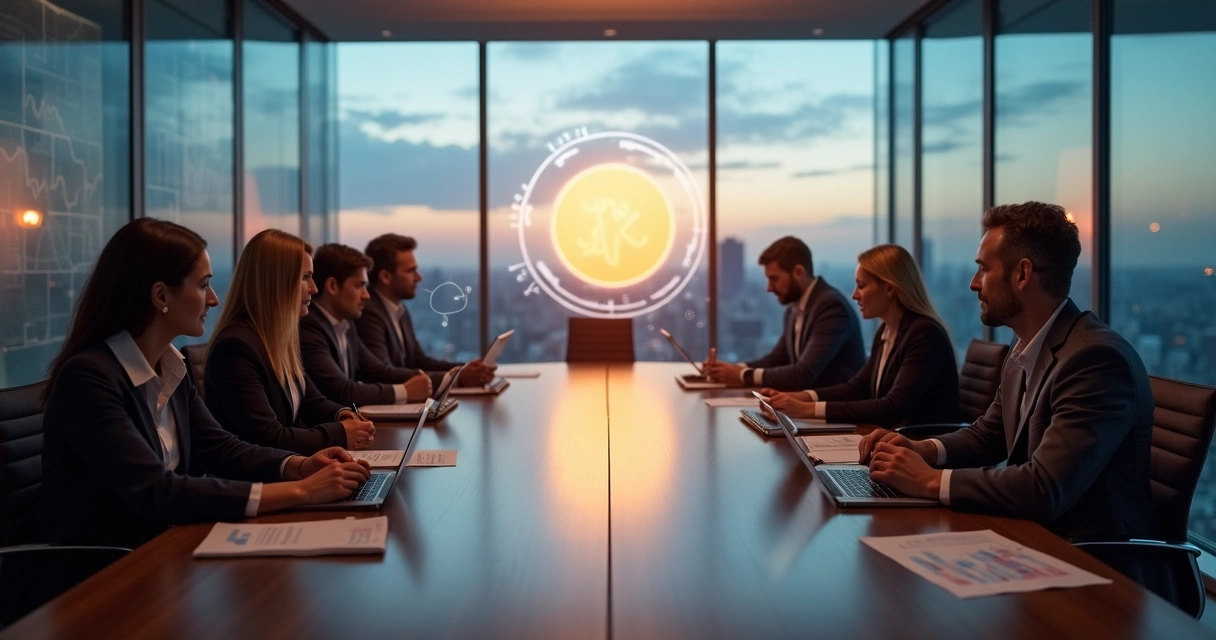 Executivos em reunião estratégica com símbolo de luz espiritual ao centro da mesa 