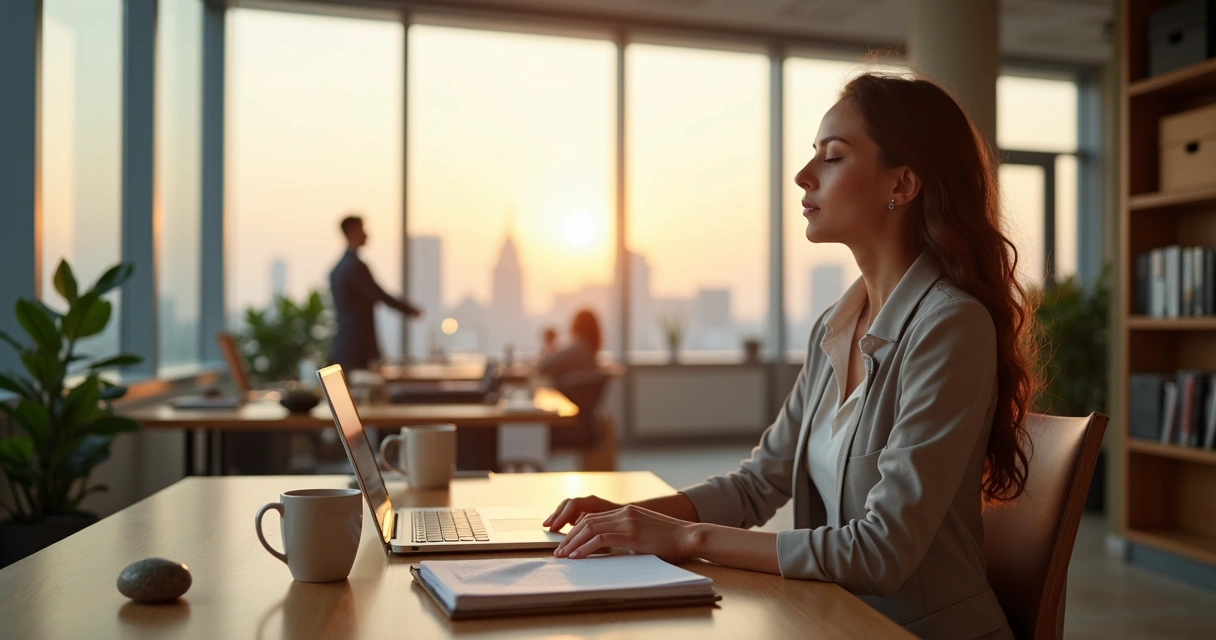 Profissional em escritório moderno com discreto símbolo de luz sobre a mesa 