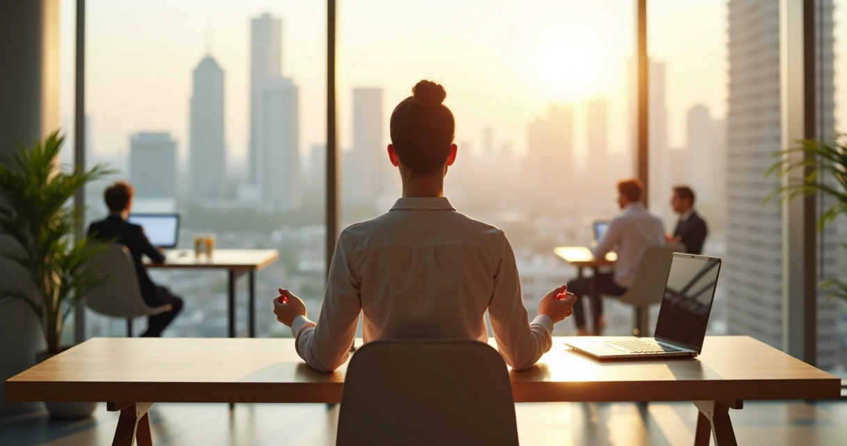 Profissional em escritório moderno unindo espiritualidade e trabalho com equilíbrio 