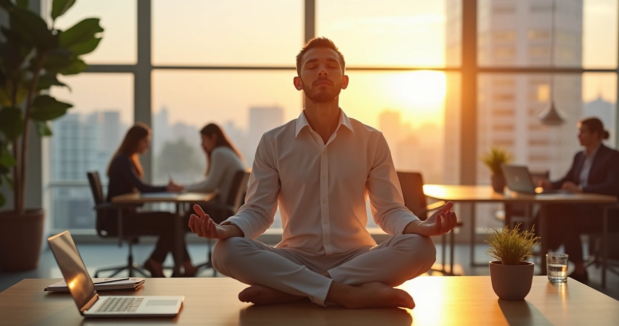 Profissional sentado em mesa de trabalho meditando com luz suave e ambiente de escritório moderno 