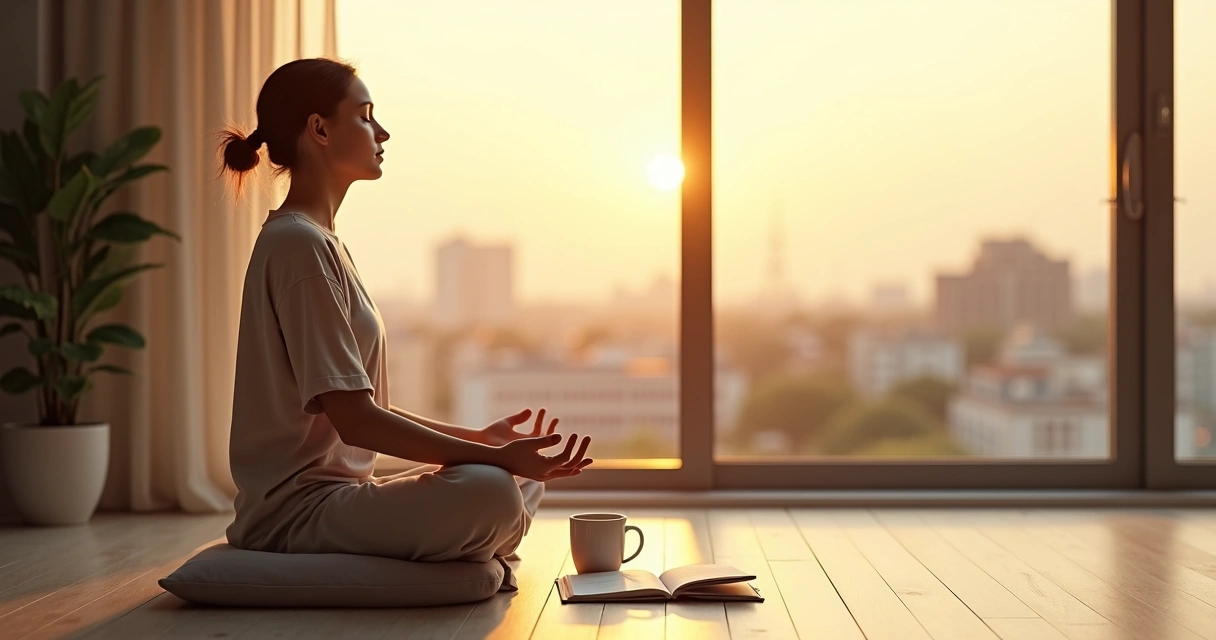 Pessoa meditando ao amanhecer com caderno de planejamento ao lado 