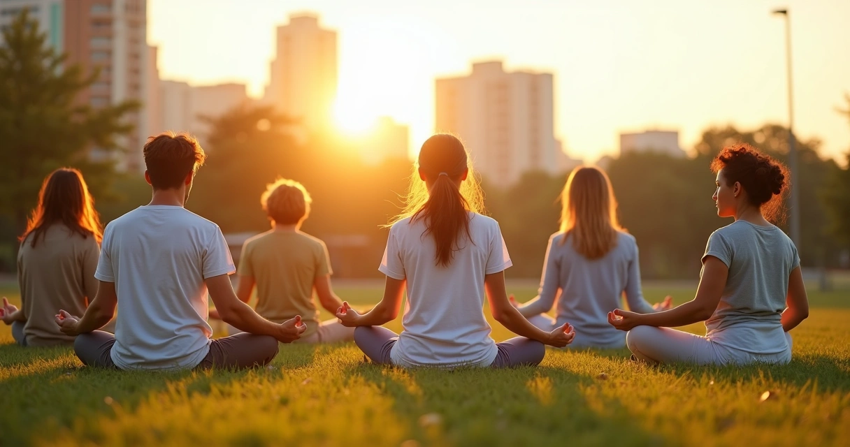Grupo diverso em círculo meditando ao ar livre ao nascer do sol 