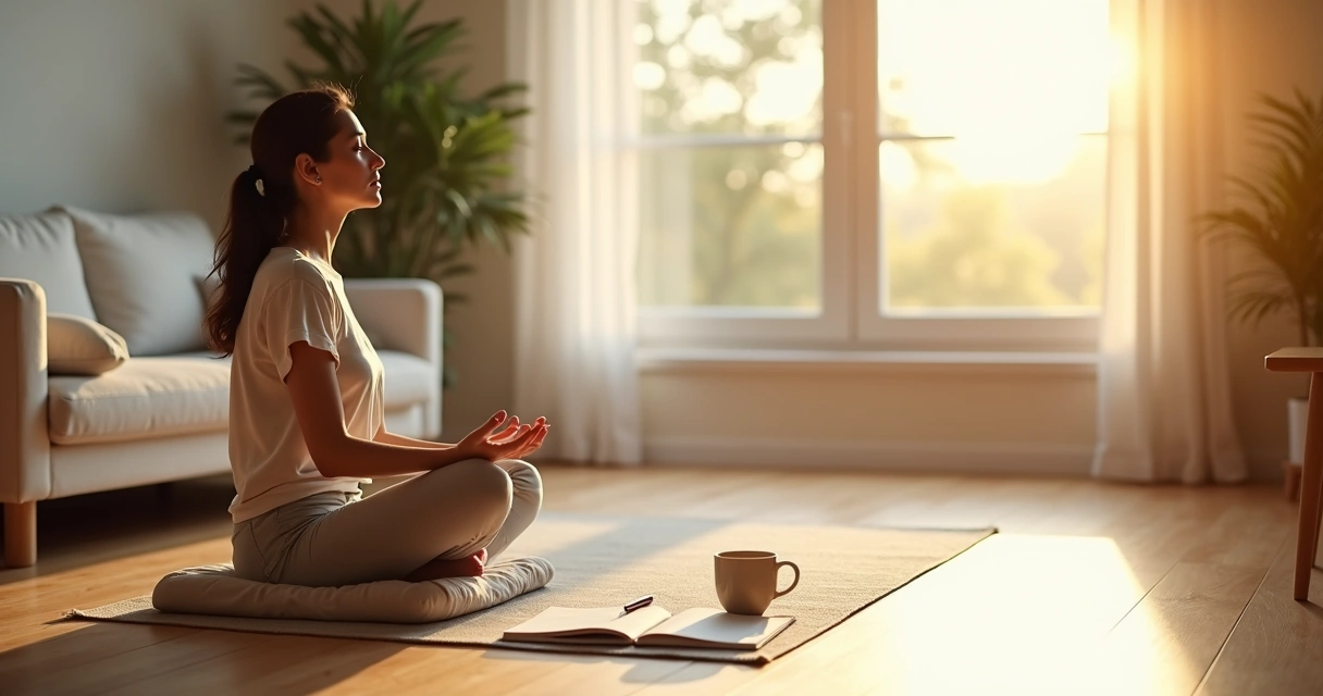 Mulher meditando em sala iluminada com luz natural e caderno aberto ao lado 